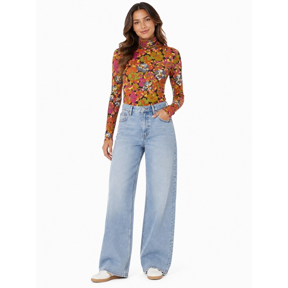 J.Crew Turtleneck Top Womens XS Multi Floral Long Sleeve Cotton Re-Imagined Tee